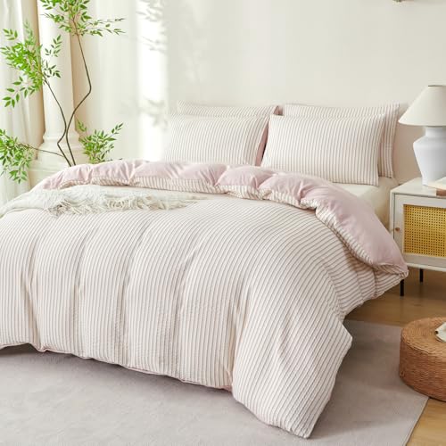 Image of Grayish Pink Striped Comforter Set Queen - 3 Pieces Bedding Comforter Set for All Season, Soft Lightweight Washed Microfiber, 1 Striped Comforter and 2 Pillowcases (Grayish Pink, Queen Size)