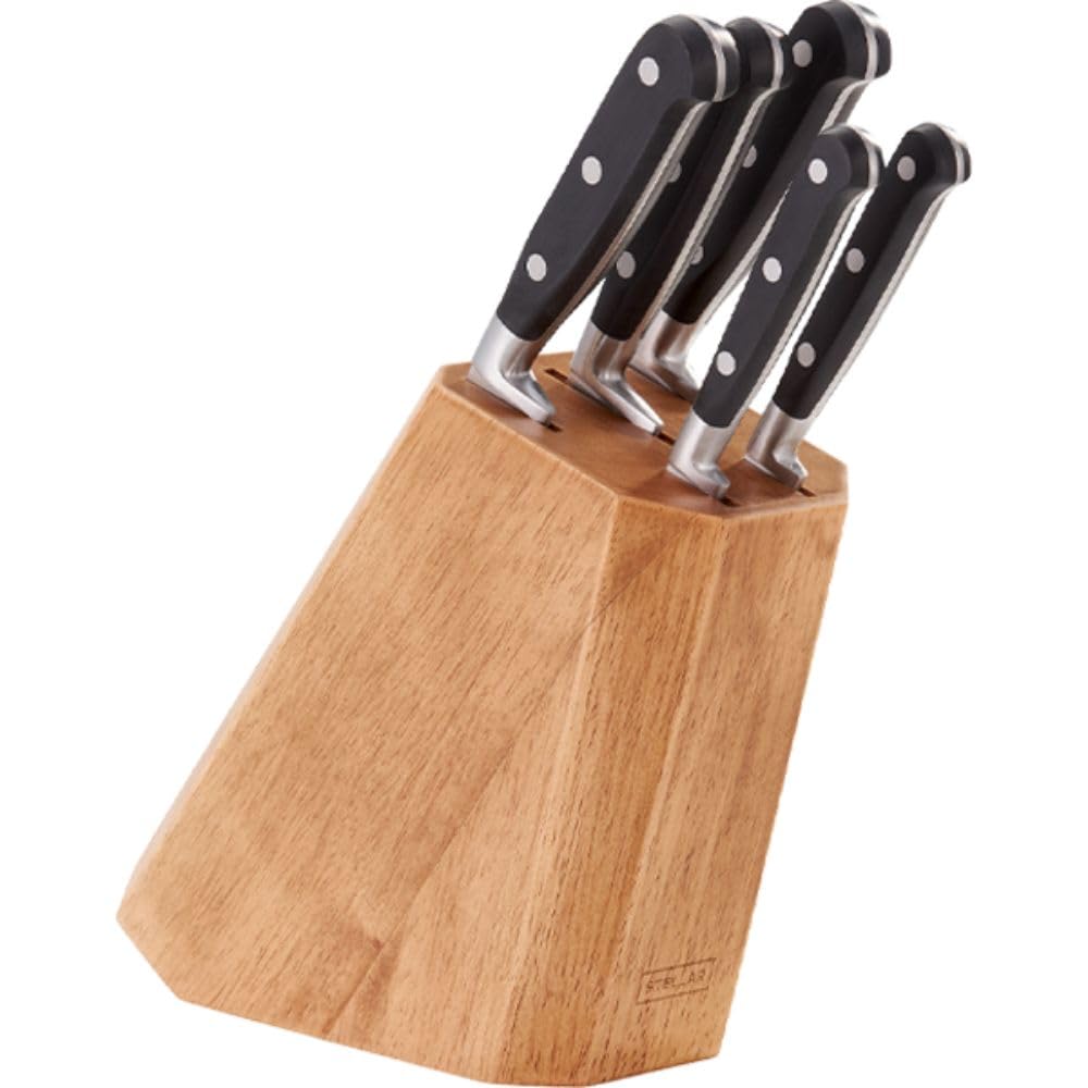 Sponsored Ad – Classic Pine Knife Block with 5 Knives, Stainless Steel Razor Sharp Blades, Paring + Utility + Carving + Bread + Cooks Knife