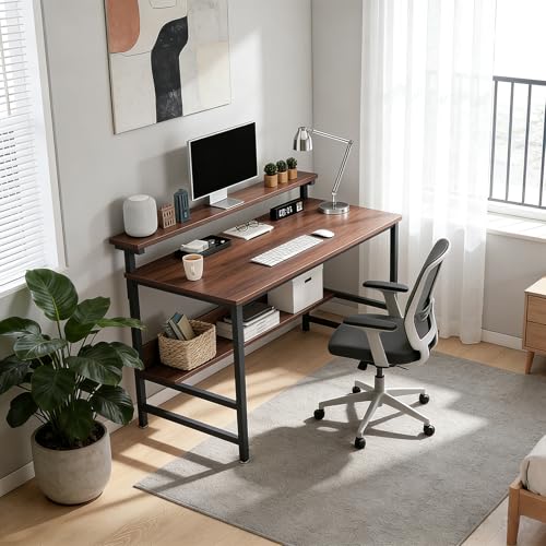 Consejos para Comprar Escritorios de Madera favoritos de las personas. 46 CHAGEE Escritorio para Computadora con Soporte para Monitor, Escritorio Minimalista para Espacios Pequeños, Mesa de Escritorio con Gancho para Audífonos, 110x45x75 cm (marrón)