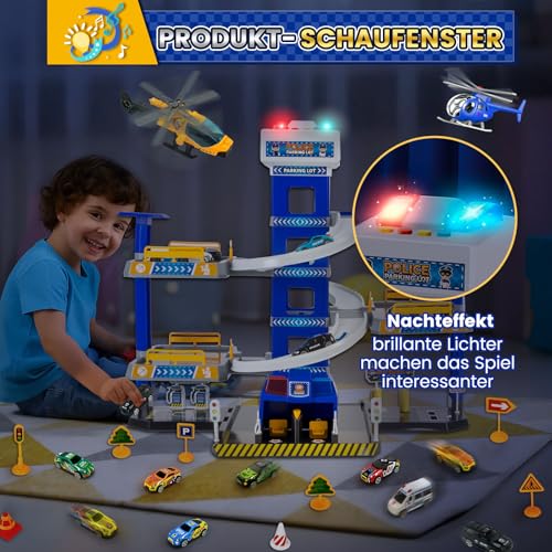 BuzzoXerex 5-stöckige Parkgarage für Kinder, Rennbahn mit 14 Spielzeugautos & 3 Hubschraubern, Parkhaus mit Aufzug, Autorennbahn & Licht‑Sound, Geschenk für Kinder 5–9 Jahre (Polizei)