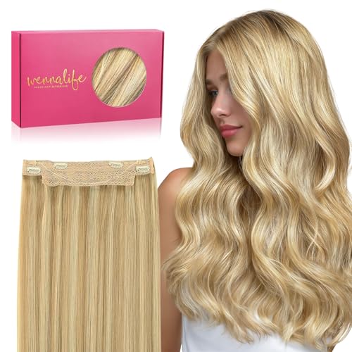 Image of WENNALIFE Wire Hair Extensions Real Human Hair 22 inch 120g Light Blonde Highlighted Golden Blonde Remy Hair Invisible Transparent Wire Straight Reusable Natural Easy to Apply Reusable for Volume