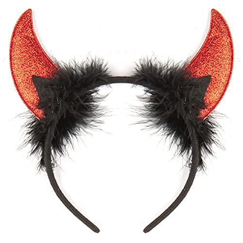 FUNCREDIBLE Red Devil Horns Headband | Glitter Devil Ears Headband | Devil Costume Accessory | Halloween Fancy Cosplay Outfit Accessories for Women, Men and Kids (Red)