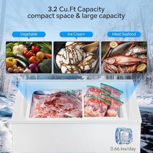 Image of Kismile 3.2 Cubic Feet Chest Freezer, Small Deep Freezer for Home, White | 2 Removable Basket, Adjustable Temperature, Free Standing Top open Door, Fits Kitchen /Office /Bar
