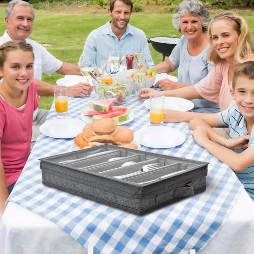 Cyiecw Cutlery Tray with Lid, Portable Cutlery Storage Cutlery Tray, Cutlery Box with 5 Adjustable Compartments, Cutlery Organiser for Knife, Fork and Spoon (42.5 x 29.5 x 8 cm) - Image 8