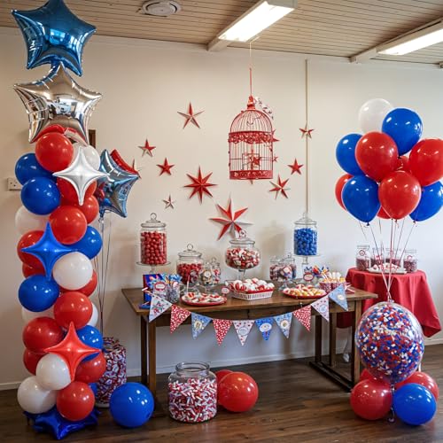 Image of Red White Blue Balloon Arch Kit, Patriotic Balloon Garland for 4th of July | Royal Blue Red White Balloons with Star Foil Balloon for 4th of July, Graduation, Birthday, Wedding, Nautical Baseball Party