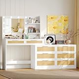 Rovaurx 65' Vanity Desk with Lighted Mirror, 8 Drawers Makeup Vanity Table with Storage Shelf, Modern Vanity with Mirror, Dressing Table for Bedroom, Adjustable Width, White and Natural RSZT109WM