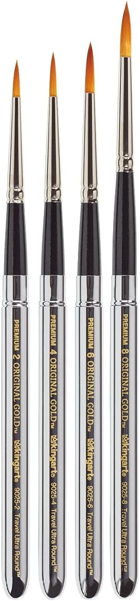 KINGARTOriginal Gold® 9025 Ultra Round™ Watercolor Travel Series Premium Golden Taklon, Multimedia Artist Brushes, Set of 4