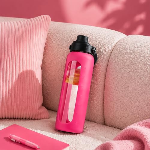 Image of 32 oz Glass Water Bottle with Straw - 2 Lids (Bamboo & Spout Lid), 1L Motivational Borosilicate Glass Daily Water Intake Bottle with Time Marker, Silicone Sleeve for Home Office-Rose Red