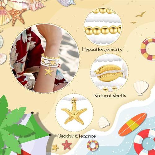 Artlunar Summer Beach Bracelet for Men Women Teens Seashell Starfish Clay Beaded Elastic Stackable Stretch Boho Friendship Bracelets Summer Jewelry Gifts Party Accessories3