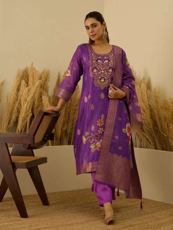 Image of VredeVogel Women's Embroidered Chanderi Silk Jacquard Straight Kurta Pant Set with Dupatta | Perfect for Festive & Casual Ethnic Wear Kurta Set