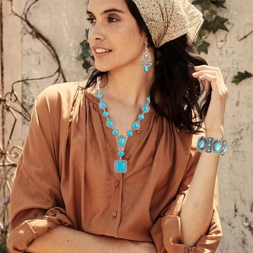 Bohemian Turquoise Necklace Set - Women's Western Jewelry with Long Choker, Pendant, Dangle Earrings, Layered Bracelets3
