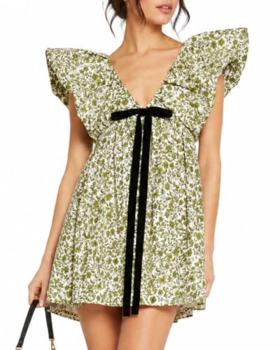Image of Women's Floral Bow V Neck Babydoll Mini Dress Flower Print Puffy Sleeve Boho Short Casual Loose Flowy Dresses