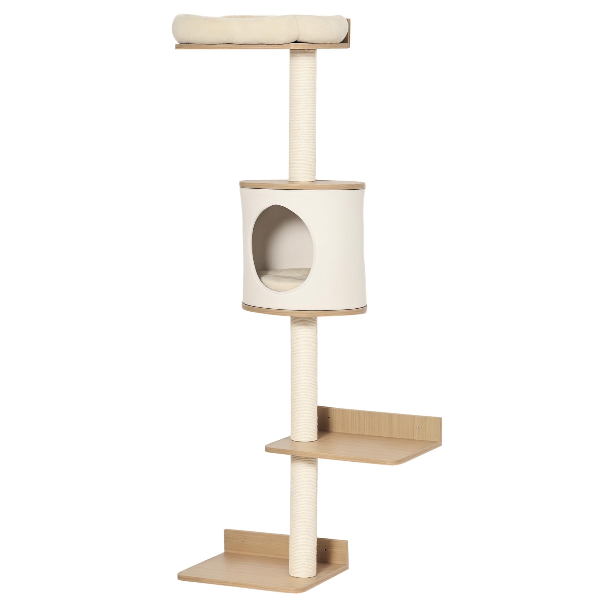 PawHut Árbol para Gatos de Pared 38x30x149 cm Torre Cama Cueva Beige Roble | Múltiples Plataformas de Madera, Cama Superior, Cojín Extraíble, Postes Rascadores de Sisal, Torre para Escalar