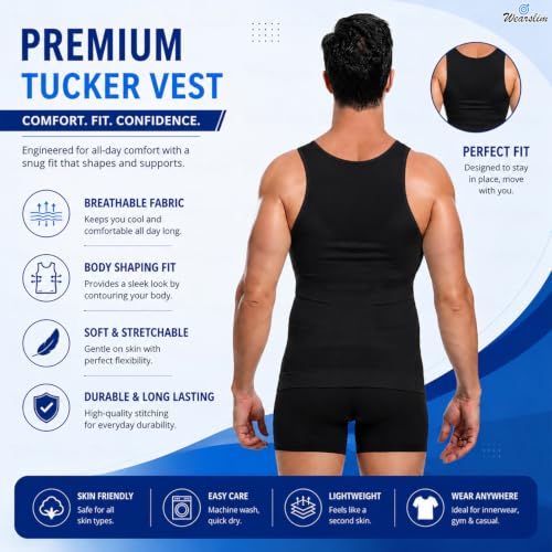 Image of Wearslim Men Compression Shirt For Workout Vest Abs Abdomen Slim Body Shaper Undershirt Slimming Shirt to Hide Gynecomastia Stretchable Tummy Tucker Vest - Pack of 2 - (Black & White)