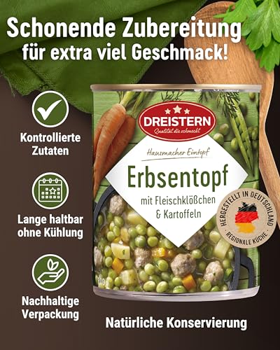 DREISTERN Erbsentopf 800g I Mit Fleischbällchen & Kartoffeln I Herzhafter Eintopf in recyclebarer Konservendose I Lange Haltbarkeit dank natürlicher Konservierung I Hausmacher Qualität