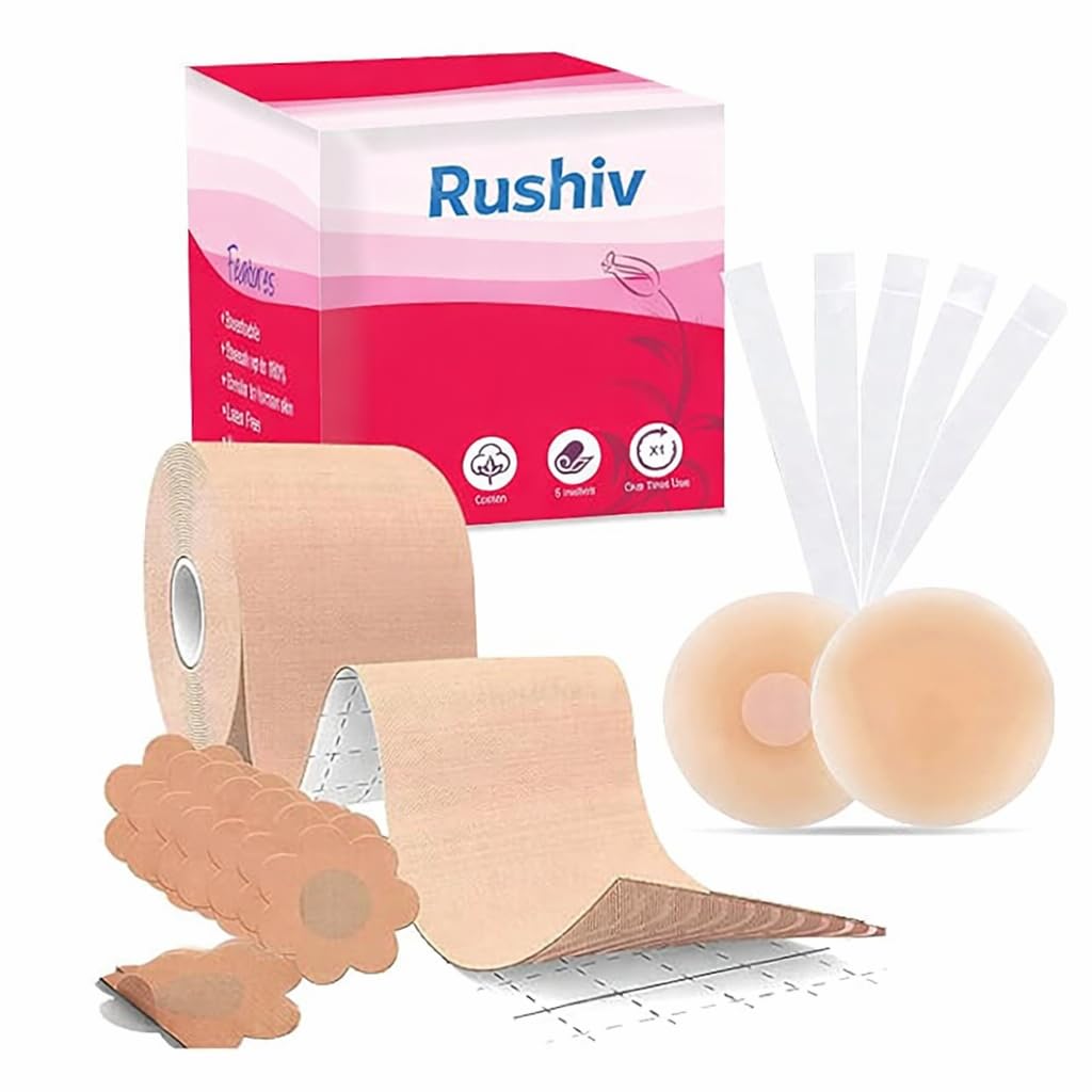 Boob Tape Kit - Instant Boob Tape with 10 Nipple Pasties for Fashion with 36 Strips Double Sided Tape for Clothes &1 Pair Reusable Nipple Cover for Women (Beige, 1PCS)