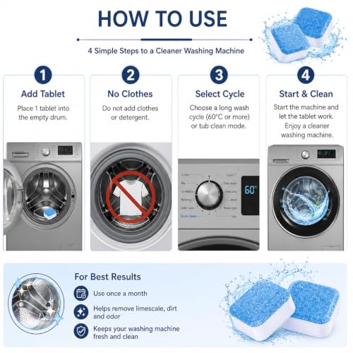 Image of Washing Machine Tub Cleaner & Drum Descaler Tablets | 12 Pack For Fully Automatic Front Load & Top Load Washers | Removes Limescale, Dirt & Detergent Residue | Deep Descaling & Odor Removal |