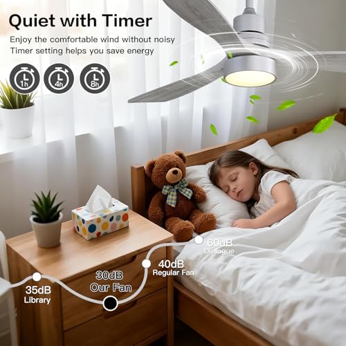 Image of Sofucor Ceiling Fans with Lights, 52 Inch Low Profile Flush Mount Mordern Wood Ceiling Fan with Remote for Indoor Farmhouse Bedroom Living Room Outdoor Patio Porch, Reversible DC Motor