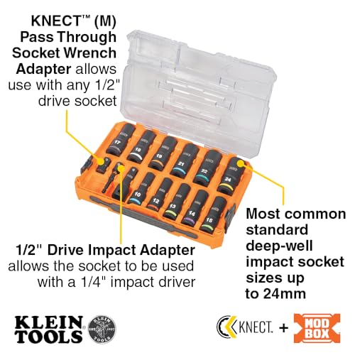 Image of Klein Tools 65111IMPCTM KNECT Deep Well Impact Socket Set, 1 /2-Inch Drive, Metric, Color Coded, MODbox Case, Impact Adapter and Extension, 14-Piece