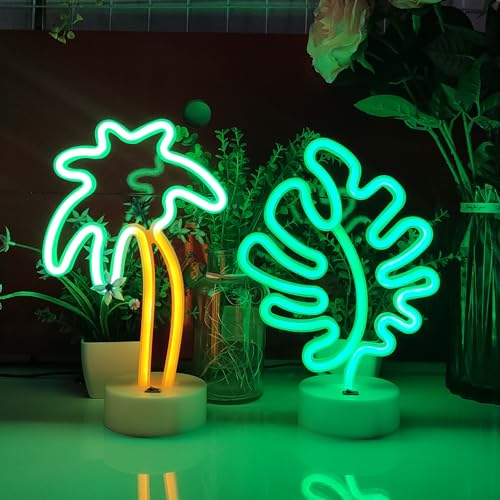 Image of JYWJ Neon Signs with Holder Base,USB or 3-AA Battery Powered Neon Light,LED Table Decoration,Bedroom Wall Decoration,Birthday Gift,Wedding Supplies Business Gift(Leaf)