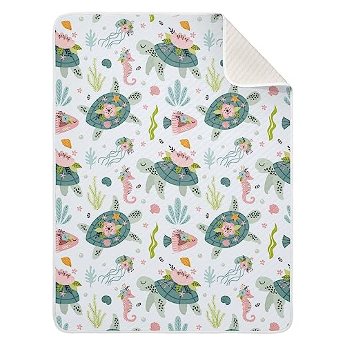 Image of Swaddle Blanket for Turtle Sea Horse Baby Receiving Blanket Muslin Baby Swaddles Soft Cotton Breathable Nursery Blankets for Unisex Boys and Girls 30x40 Inch