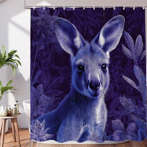 BaoNews Süßes Känguru-Dekor-Duschvorhang-Set, Känguru in lila Pflanzen, Polyester, Duschvorhang für Duschkabine, Badezimmer, wasserdicht, mit 12 Haken, 183 x 183 cm