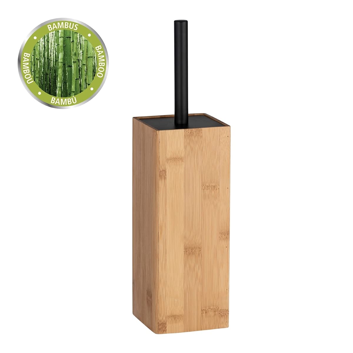 WENKO Zestaw WC Mod. Padua, uchwyt na szczotkę do WC z bambusa, w zestawie szczotka do toalety, zamknięta, 10 x 38 x 10 cm, naturalny/czarny