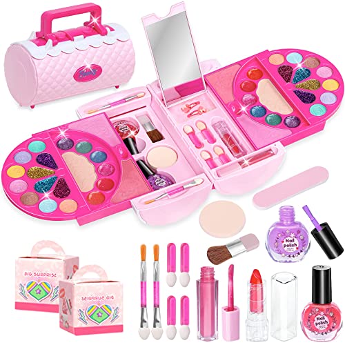 Beauenty 58PCS Kids Makeup Kit Real Kids Makeup Set Washable Make Up Set Toys with Portable Box Including Lipstick Eye Shadows and So On Girls Toys for Girls Aged 5 6 7+ Year Old (Pink-B)