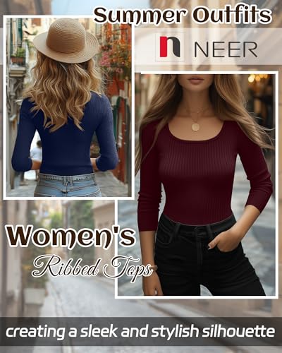 Neer 3 Pack 3/4 Sleeve Tops for Women, Cotton Scoop Neck Ribbed Three Quarter Sleeve Summer Slim T-Shirts Casual Basic Tees2