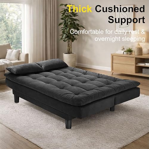 Image of Modern 3 Seater Sofa Cum Bed with Cushions, Foldable Convertible Couch, Velvet Fabric Sleeper Sofa for Living Room, Guest Room, Black