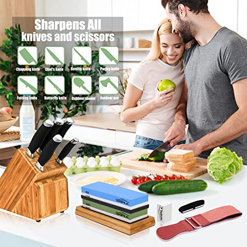 Hmpll Knife Sharpening Stone Set, Professional Whetstone 4 Side Grit 400/1000 3000/8000, Whetstone Knife Sharpener Stone Set Include Non-Slip Bamboo Base, Leather Strop, Flattening Stone & Angle Guide #TOP5