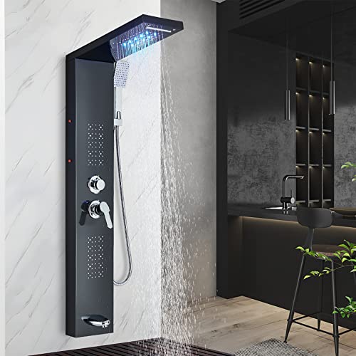 TVTIUO-Columna-de-Hidromasaje-LED-Negra-Columna-Ducha-Acero-InoxidableSistema-de-Ducha-5-funciones-Set-Ducha-de-Bano