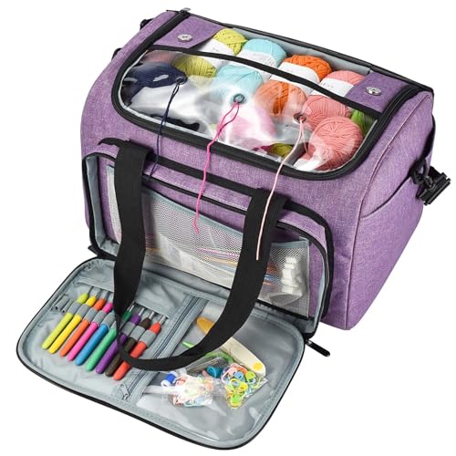 Image of Knitting Bag, Large Capacity Yarn Storage Organizer Tote Bag with Compartments and Pockets for Knitting Needles, Crochet Hooks, Knitting Project and Accessories, Bag Only, Purple