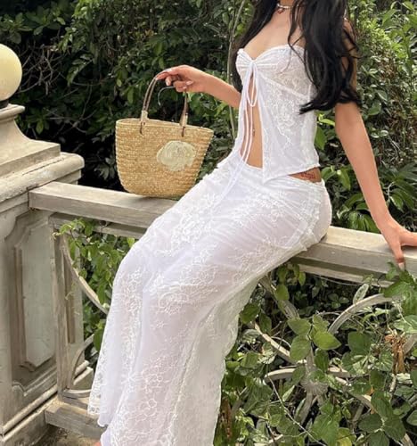 Women Y2K Vintage Lace Maxi Skirt Set Summer 2 Piece Outfits Strapless Split Tube Top and Maxi Skirt Set3