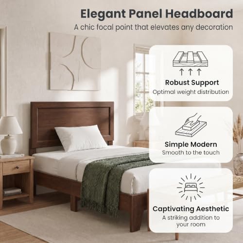 Image of GIANTEX Twin Size Wooden Bed Frame with Headboard, Wood Slat Support