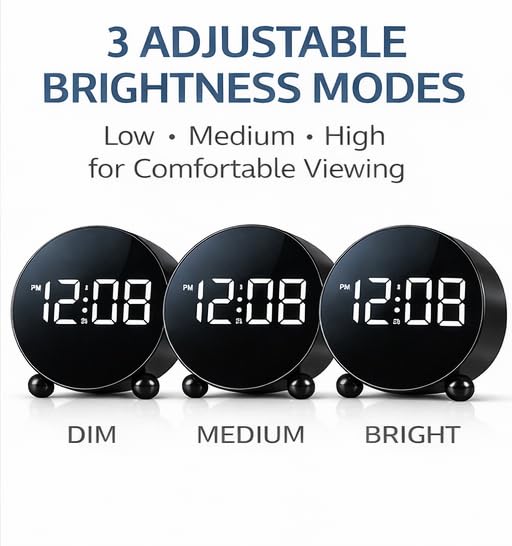 Image of Zollyss Digital Alarm Clock for Study Table | Black | Round LED Display with Double Bell | Digital Alarm Clock with 3 Brightness Levels | for Bedroom or Office