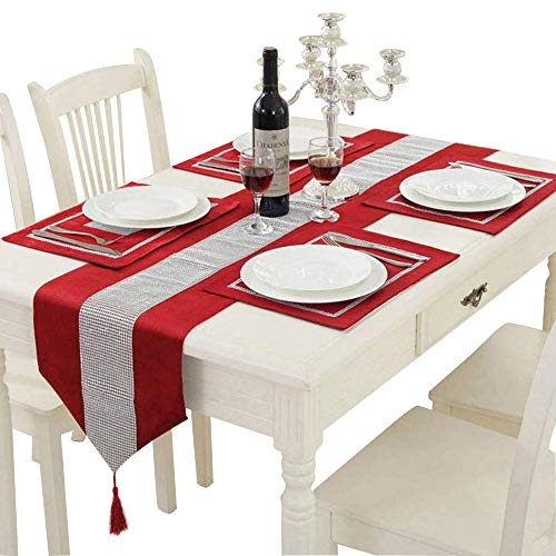 Time to Sparkle Velvet Table Runner + 4 Placemats Thick Velvet Satin Tasseled Xmas (Red, 4*Placemats + 1*Runner)