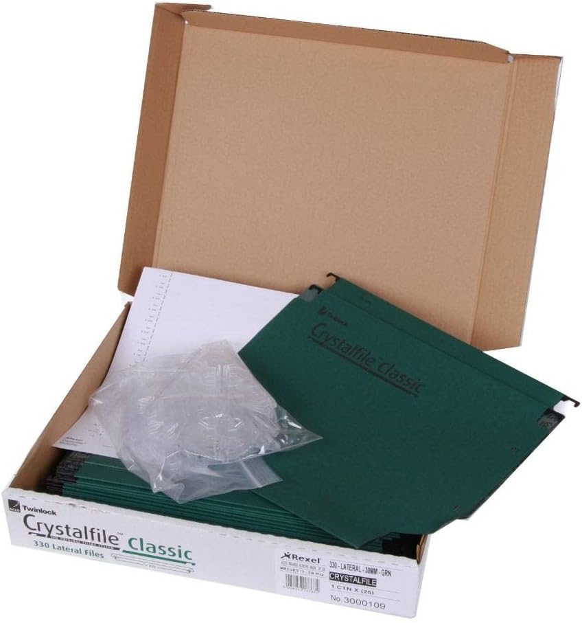 Rexel 330 Lateral Hanging Files with Tabs and Inserts, 30 mm Base, 100 Percent Recycled Manilla, Green, Crystalfile Classic, Pack of 25, 3000109