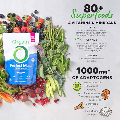 Image of Orgain Perfect Meal, Organic, Vegan Meal Replacement Protein Powder, Vanilla - 25g Plant Based Protein, 80+ Superfoods, 1B Probiotics & 10g Fiber, Adaptogens & Ashwagandha - 2.16lb