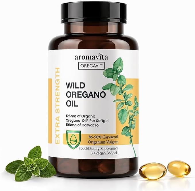 AROMAVITA Suplemento Fitoterápico de Óleo de Orégano Selvagem Orgânico, 86–90% de Carvacrol, 60 cápsulas softgel veganas