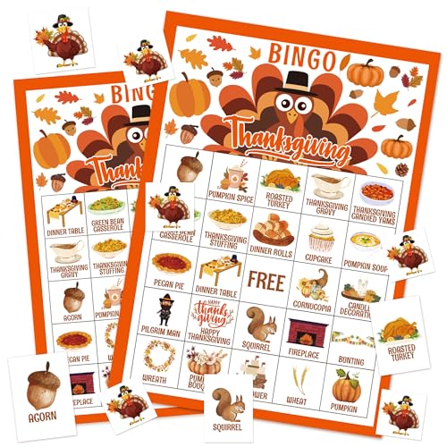 Jogo de bingo de Ação de Graças para crianças 24 jogadores, cartas de bingo de outono da Turquia com temas de colheita de outono, atividades de jogos de festa de ação de graças e suprimentos de