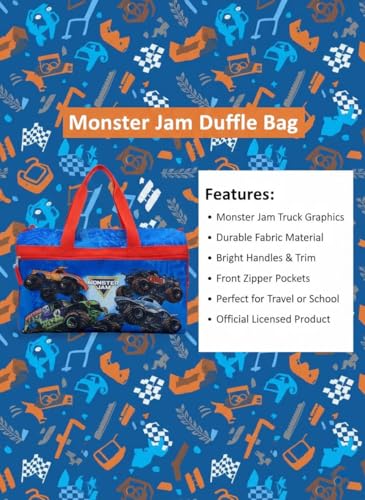 Image of Monster Jam Kids' Duffle Bag - Truck-Themed Travel Gym Bag with Adjustable Shoulder Strap, Mesh Side Pockets & Zipper Pocket