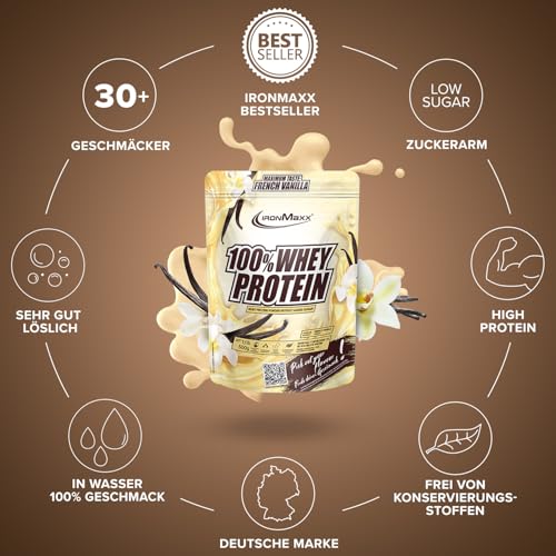 IronMaxx 100% Whey Protein Pulver 500g - Vanille | Cremiger Eiweißshake mit BCAAs & EAAs | High Protein, Low Carb & zuckerarm | Ideal für Muskelaufbau & Fitness