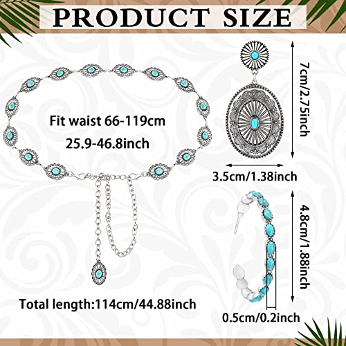 Newtay 3 Pcs Western Turquoise Belt and Earrings Set for Women Cowgirl Bohemian Turquoise Jewelry Set Concho Belt Boho Earrings for Dresses Jeans Country Concert Outfit2