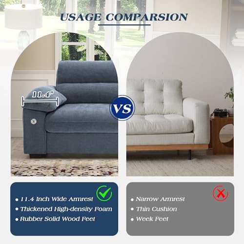 Image of WorthFurni Sofas for Living Room, Chenille Pillow-Armrest Loveseat Couch Set, Small Sofa, 3 Seater Sofa, USB Charging, Removable Sofa Cover, Solid Wood Frame, Easy to Install (90.5 inch, Blue)