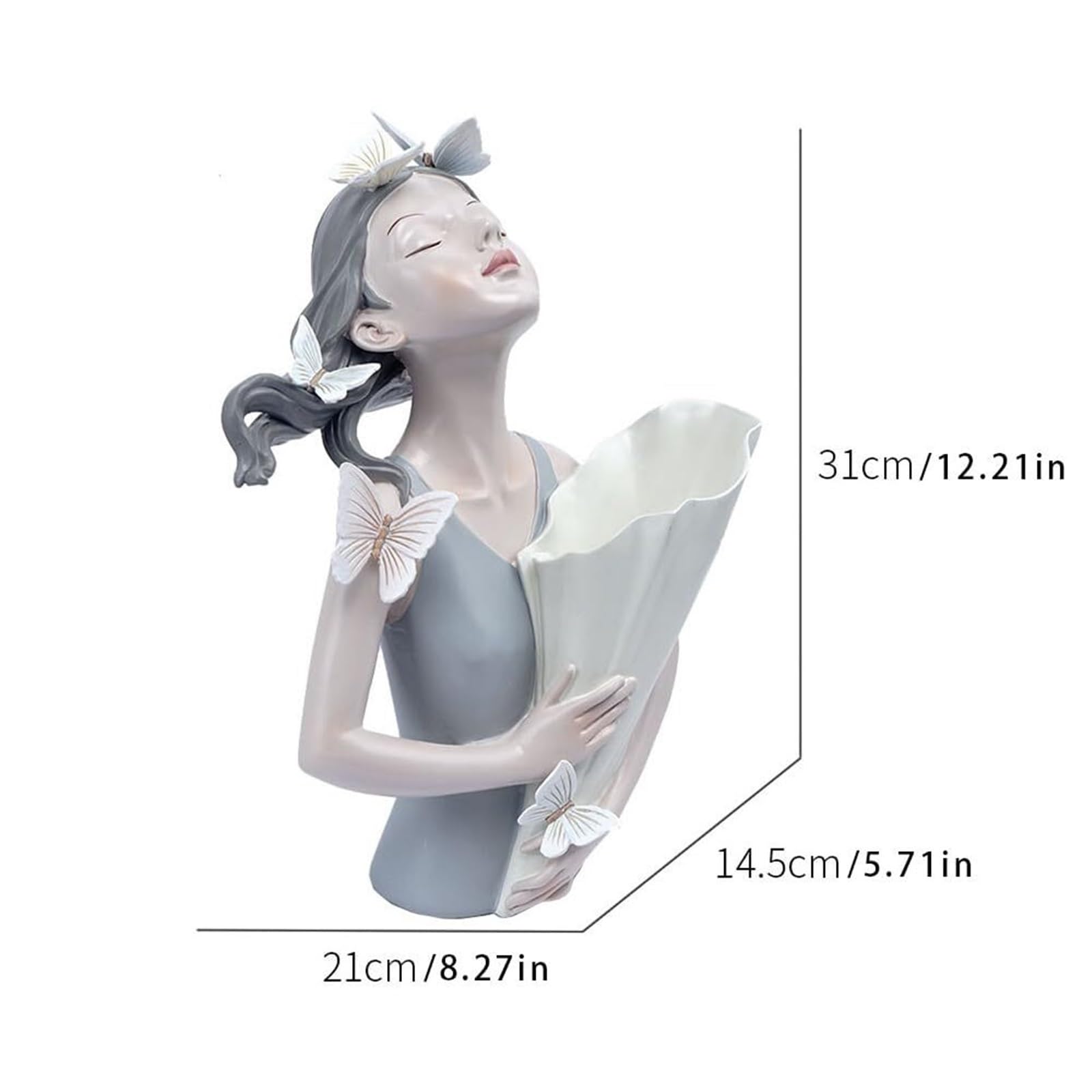 Regali per donna Elegante statua di ragazza in stile nordico con decorazione a farfalla e fiori artificiali al centrotavola Decorazione da scaffale(Gray)