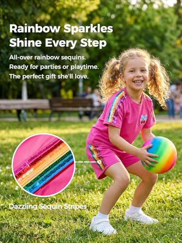 Image of WELAKEN Girls 2 Piece Outfit Kid Toddler Heart & Rainbow Sequin Striped T-shirt and Shorts Clothing Set