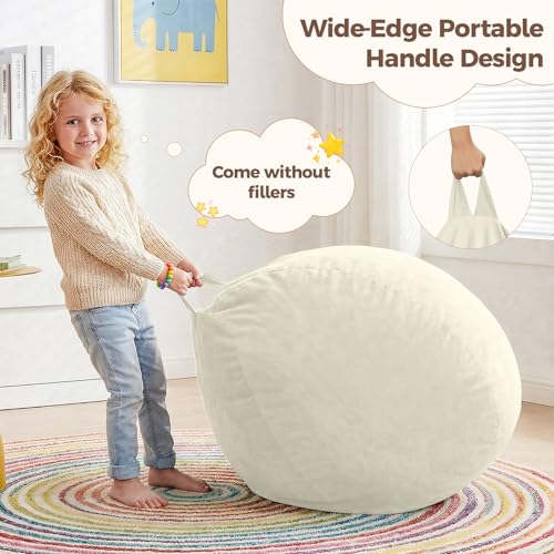 Image of Stuffed Animal Storage Bean Bag Chair Cover for Kids (No Filler), Soft Comfy Velvet Beanbag Chair Cover Machine Washable, Kids Bean Bag Chair with Handle for Living Room Bedroom Dorm, White