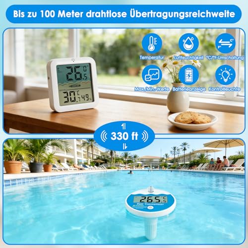 AOZBZ Poolthermometer Schwimmend, Pool Thermometer funk IP68 Wasserdicht Kindersicherungsfunktion für Schwimmbad, Whirlpool, Badewanne, Teich Wasserthermometer Batterie Nicht im Lieferumfang Enthalten