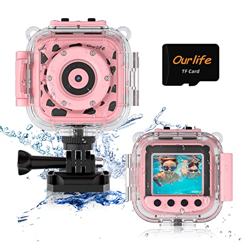 Ourlife Kids Waterproof Camera, Kids Camera For 3-12 Year Old Boys Girls Christmas Birthday Gifts Camera For Kids Underwater Sports Camcorder Camera 1.77 Inch Screen With 8Gb Card (Pink) #TOP14